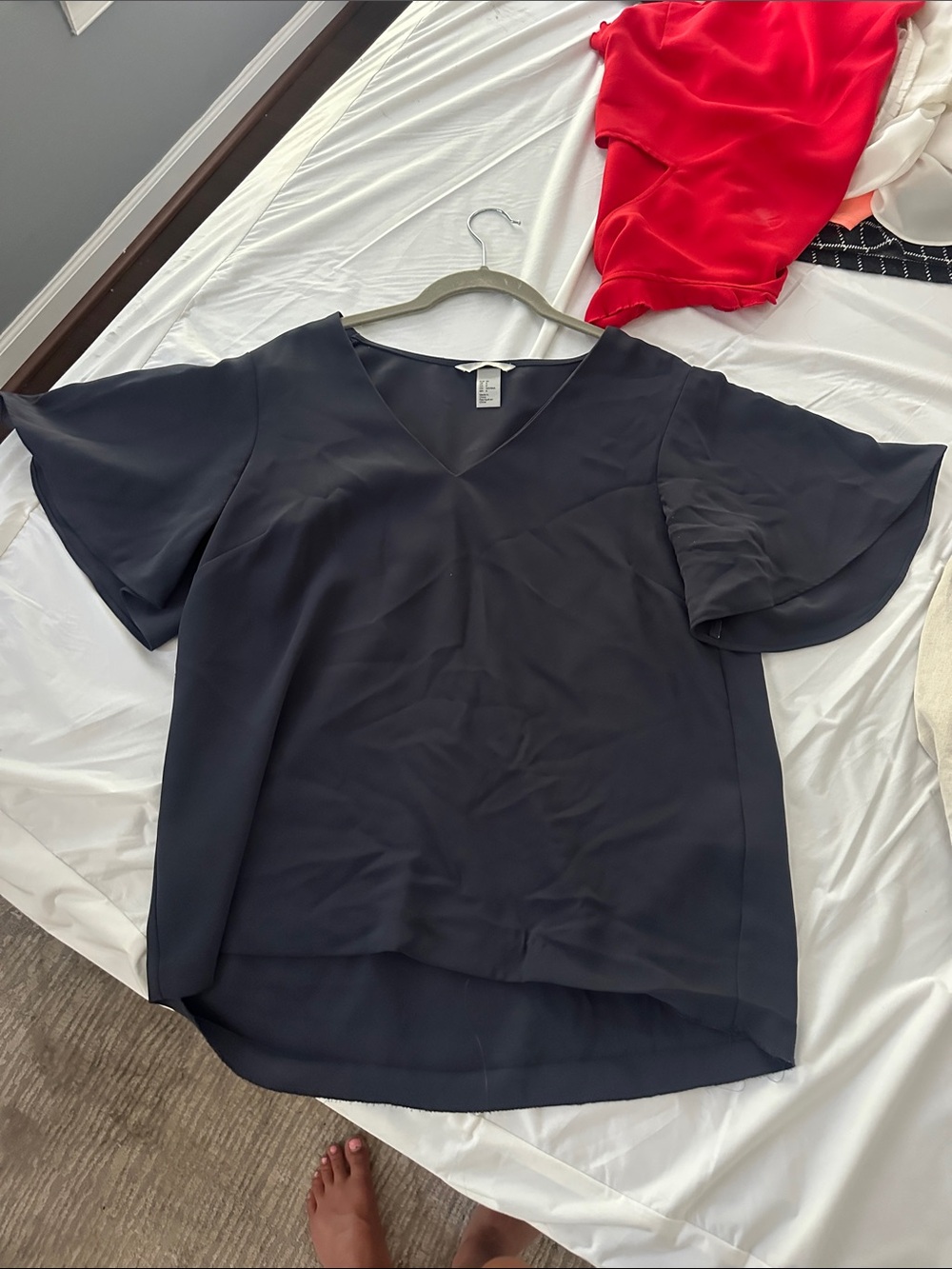 H&M Navy V-Neck Flutter Sleeve Blouse